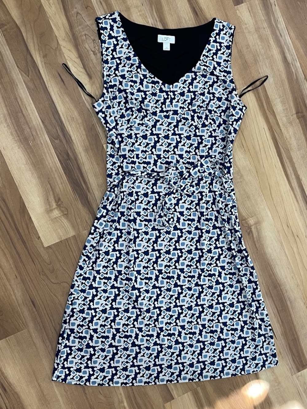 LOFT Blue Mosaic Geometric Print V-Neck Sleeveless Dress 14